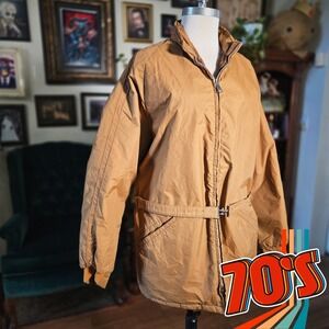 Sir Jac Parka Jacket Vintage 70s‎ Belted Tan Retro Utility Coat Mid Length L